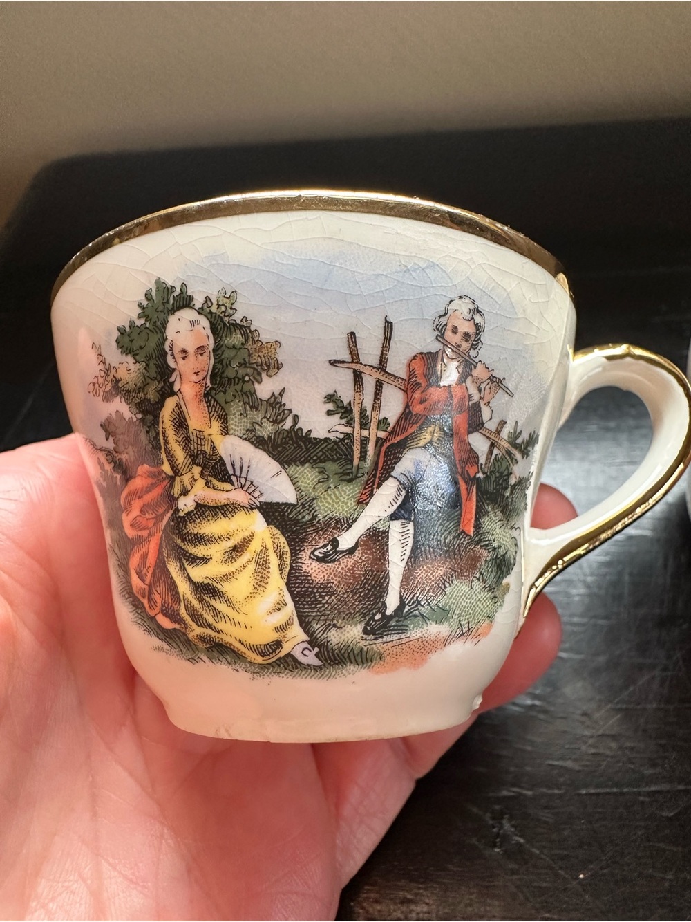 Set of 3 Vtg Eastern China NY 22K Gold Courting Couple Demitasse Teacups Trio